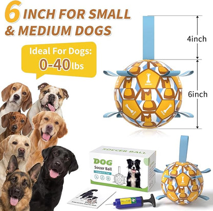 Interactive Dog Ball Toys, 2026 Dog Soccer Ball with Thicken Straps for Small Medium Breeds Tug of War, Small Herding Balls with Pump for Puppy Dogs Outdoor Play Training (Yellow, 6 Inch)