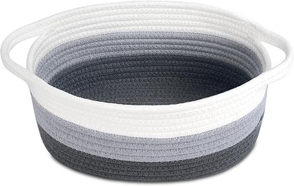 ABenkle Small Basket, 12"x 8" x 5" Cute Small Woven Basket, Rope Room Shelf Storage Basket, Cat Dog Toys Basket Chest Box, Decorative Empty Gift Basket with Handles - White & Grey & Dark Grey