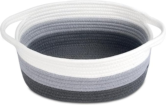 ABenkle Small Basket, 12"x 8" x 5" Cute Small Woven Basket, Rope Room Shelf Storage Basket, Cat Dog Toys Basket Chest Box, Decorative Empty Gift Basket with Handles - White & Grey & Dark Grey
