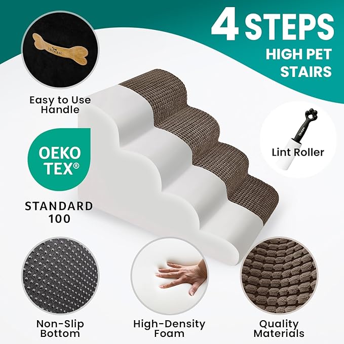 Dog Stairs Ramp for Small Dogs, 4 Step Dog Steps for Bed, 20.5'' H Curved Foam Pet Steps with Durable Non-Slip Waterproof Fabric Cover, Pet Stairs for Pets Joints, Brown