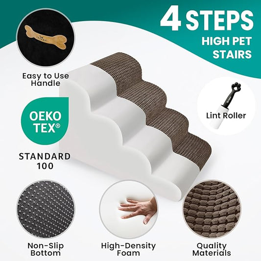 Dog Stairs Ramp for Small Dogs, 4 Step Dog Steps for Bed, 20.5'' H Curved Foam Pet Steps with Durable Non-Slip Waterproof Fabric Cover, Pet Stairs for Pets Joints, Brown