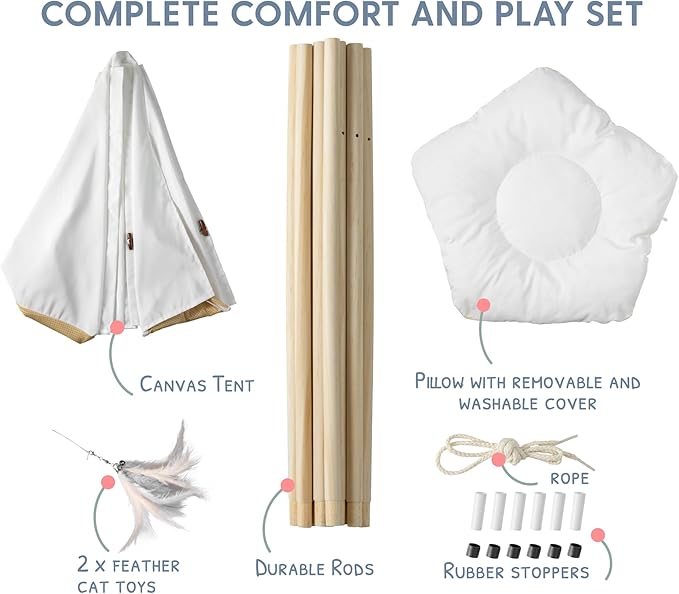 The Cat Ladies Cat Teepee - White Small Dog Tent Bed with a Soft Inner Cushion - Indoor Pet Teepee with Wooden Poles for Cats Dogs Rabbit and Bunny - with Feather Toys