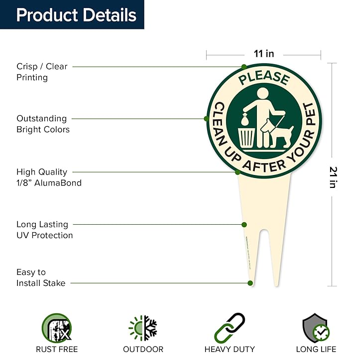 Please Clean Up After Your Pet Sign 11"x21", Heavy Duty Integrated Ground Stakes, Indoor/Outdoor Use, Rust Free Aluminum Composite, Made in USA by My Sign center
