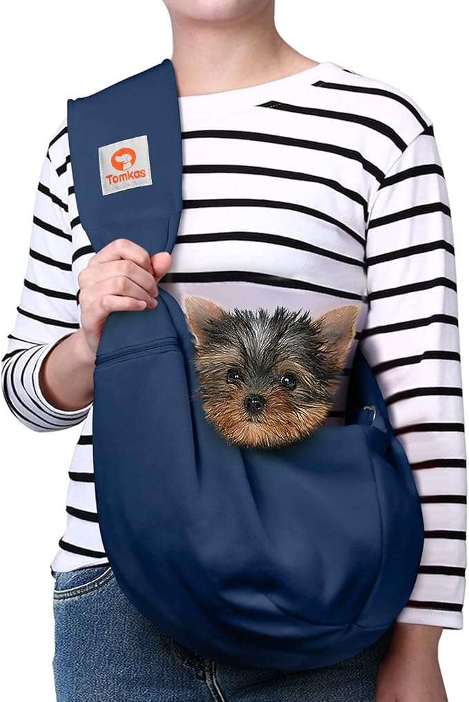 Tomkas Small Dog Sling Carrier - Zipper pocket & Adjustable strap - for 3 - 10 lbs pets(Dark Blue)