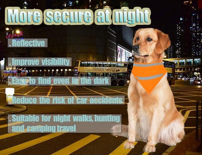 2 Pack Reflective Dog Bandana for Night Safety - High Visibility Adjustable Dog Scarf in Orange/Yellow, Fits Small Medium Large Dogs(Large)
