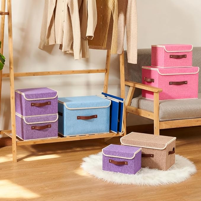 2PCS Storage Boxes with Lid Cotton Linen Fabric Storage Bins Organizer Container Decorative Collapsible Washable Shelf Closet Baskets Faux Leather Handles Home Bedroom (Pink, Large)