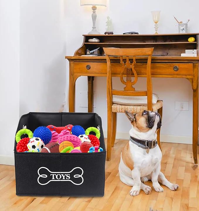 Geyecete Wooden Handle Soft Felt Storage Bin Organizer - Decorative Rectangular Pet Supplies Storage Basket/Bin - Black