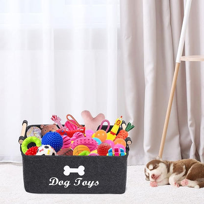 Geyecete Dog Toys Storage Bins - with Wooden Handle, Collapsible Pet Supplies Storage Basket Pet supplies storage Basket/Bin Kids Toy Chest Storage Trunk(DOG-Dark Grey)