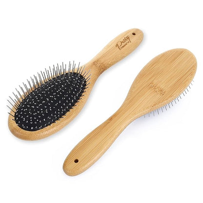 Dog Grooming Brush - 20mm Stainless Steel Round Pins, Bamboo Handle, No Scratch Brush for All Hair Types (1Pc)