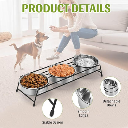 Raised Cat Bowls Triple Dog Cat Feeder Holders 3 Stainless Steel Elevated Pet Water Food Bowl for Cats Puppies Rabbits (3 Bowls)