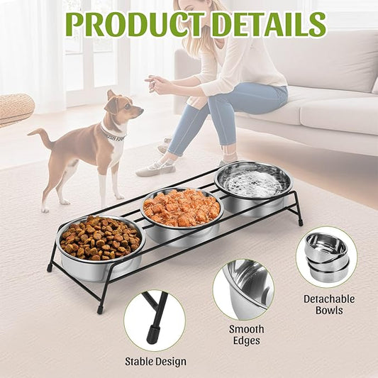 Raised Cat Bowls Triple Dog Cat Feeder Holders 3 Stainless Steel Elevated Pet Water Food Bowl for Cats Puppies Rabbits (3 Bowls)