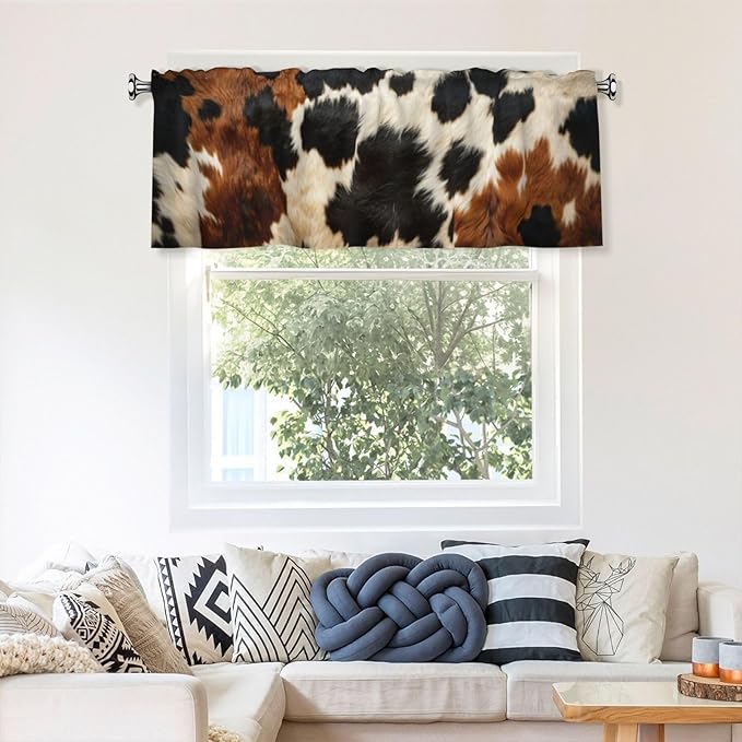 Cow Print Curtain Valance Short Rod Pocket Window Treatment for Living Room Bedroom Kitchen Bathroom 1 Panel 54" W x 18" L