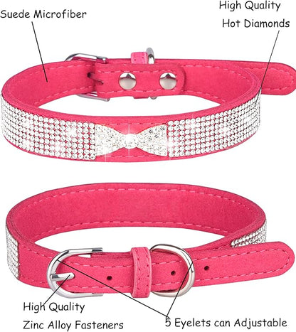 Bling Dog Collar for Small Medium Large Dogs, Crown Rhinestone Dog Collars for Girl and boy Dog, Diamond Puppy Collars, Adjustable Leather Suede SOFE Cat Collar (M(13"-15.4"/33CM-39CM), Rose Red2)