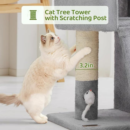 Woochpet 24inch Tall Cat Tree with 2 Cat Condo and Mouse Toy Cozy Small Cat Tower with Scratching Post and Board for Kitties and Small Cats.（Light Grey） (22 * 13 * 28)