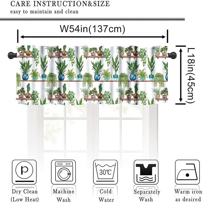 Bohemian Flower Valance Curtains, Watercolor Succulent Plants Green Indoor Plants Potted Flower Window Valance Curtain for Farmhouse Bedroom Living Room Kitchen 54x18inch