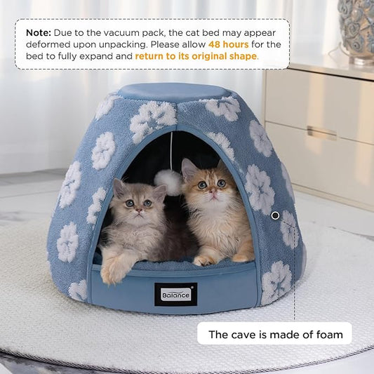 BALANCE Cat Beds for Indoor Cats, 2-in-1 Cat Bed Cave with Anti-Slip Bottom and Ultra-Soft Plush, Cozy Cats House Tent for Kittens and Small Dogs, 19 Inches, Blue