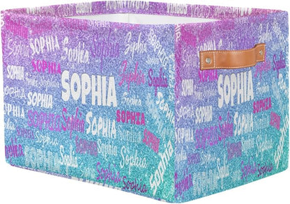 Personalized Foldable Storage Basket with Name, Laundry Hamper Dirty Clothes Pet Toys Storage Bin with Handles for Shelf Home Closet Kitchen, Gradient Purple Blue Glitters Print