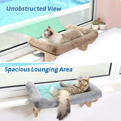 Zakkart Cat Perch for Window Sill with Bolster - Orthopedic Hammock Design with Premium Hardwood & Robust Metal Frame - Cat Window Seat for Large Cats and Kittens - Dark Stained Wood Brown Bed, 24''W