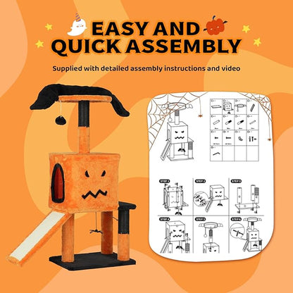 VINGLI 39.4in Halloween Cat Tree, Cat Tree Tower with Sisal-Covered Scratching Posts & House Cave & Platform Beds Side & Scratch Board, Tall Kittens Pet House w/Hanging Balls Spider, Black & Orange