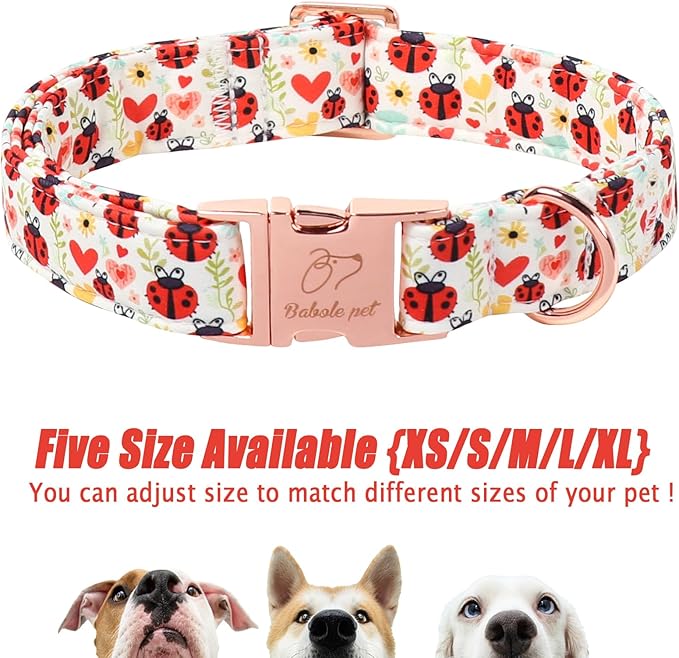 Cute Dog Collar for Small Dogs - Red Ladybug & Blooms Dog Collars, Adjustable Heavy Duty Pet Collar for Dog Moms & Kids with Metal Buckle S