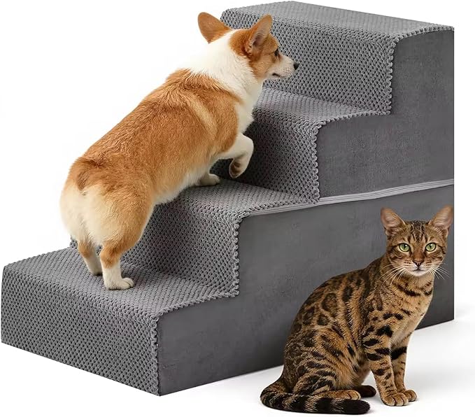 DUMOS Dog Stairs for Small Medium Dogs, 4-Steps Wider Non-Slip Balanced Indoor Foldable Dog Steps with Density Foam & Washable Cover, Cat Puppy Old Pet Stairs for High Bed, Couch, Sofa - Grey, 23" H