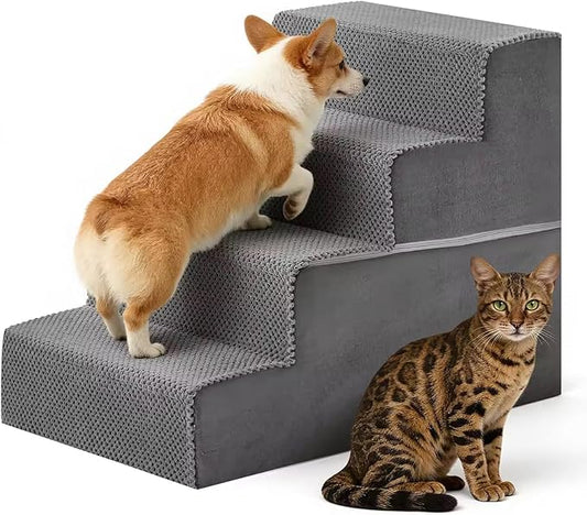DUMOS Dog Stairs for Small Medium Dogs, 4-Steps Wider Non-Slip Balanced Indoor Foldable Dog Steps with Density Foam & Washable Cover, Cat Puppy Old Pet Stairs for High Bed, Couch, Sofa - Grey, 23" H