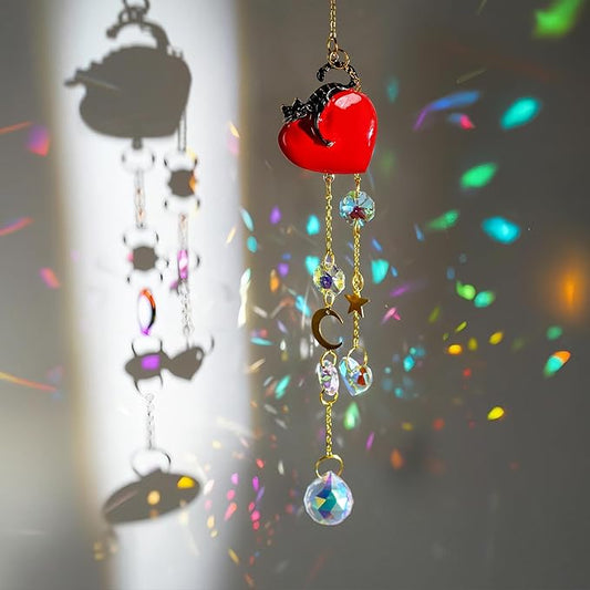 H&D HYALINE & DORA Crystal Red Heart with Cat Suncatcher Window Hanging Ornament Rainbow Maker Sun Catchers Gift for Women, Pet Lovers