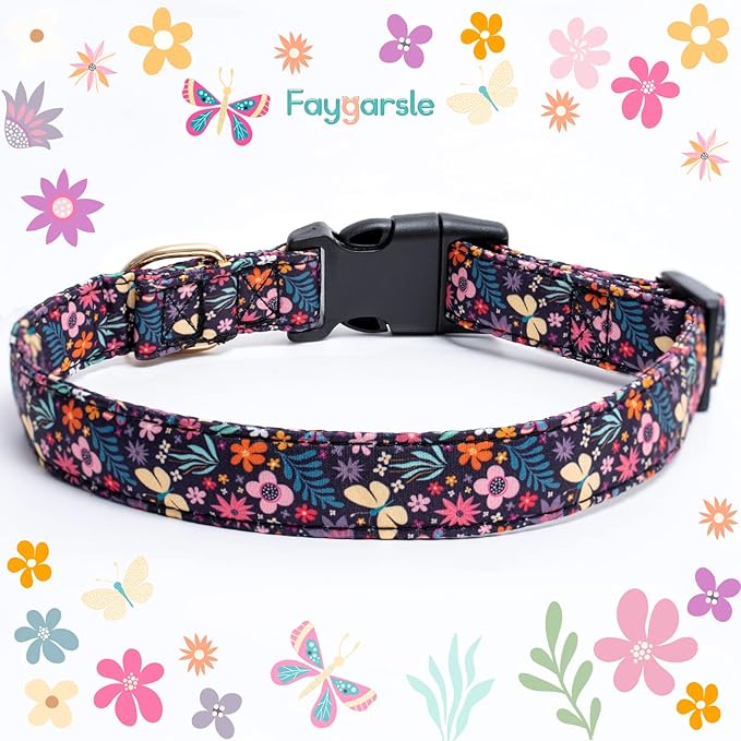Faygarsle Cotton Designer Dogs Collar Cute Flower Dog Collars for Girl Female Small Medium Large Dogs with Purple Flower Charms L