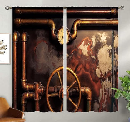 Steampunk Blackout Curtains Home Decor,Vintage Steampunk steam Pipes Pressure Rod Pocket Thermal Insulated Drapes Darkening Window Curtain for Bedroom Living Room 72 x 63 Inch
