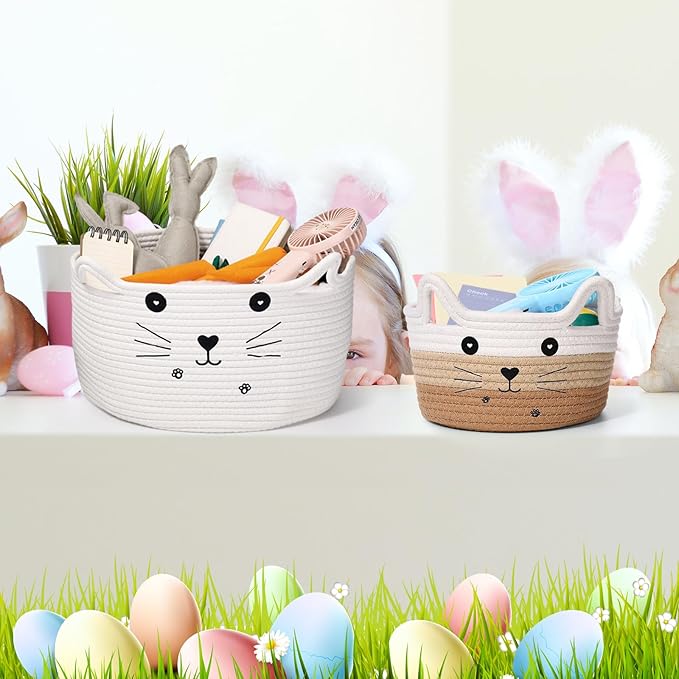 Zopeal Cat Basket Storage Woven Organizer with Ears Easter Decorative Pet Toy Cute Cotton Rope Basket for Gift Cat Dog Toy Bin Nursery Room(8.3 x 4.7 Inch,White Khaki Brown)
