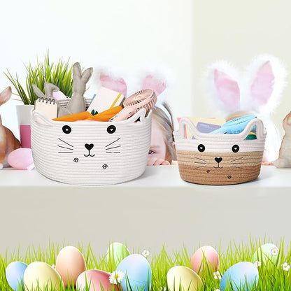 Zopeal Cat Basket Storage Woven Organizer with Ears Easter Decorative Pet Toy Cute Cotton Rope Basket for Gift Cat Dog Toy Bin Nursery Room(8.3 x 4.7 Inch,White Khaki Brown)