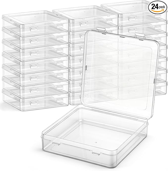 SATINIOR 24 Packs Small Clear Plastic Beads Storage Containers Box with Hinged Lid for Storage of Small Items, Crafts, Jewelry, Hardware (5.9 x 5.9 x 1.5 Inches)