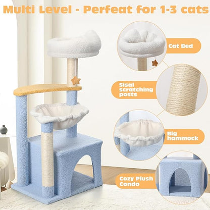 Cat Tree with Sisal Scratching Posts Cat Tower with Hammock Cute Cat Condo for Small Indoor Cats with Comfy Cat Bed and Perch