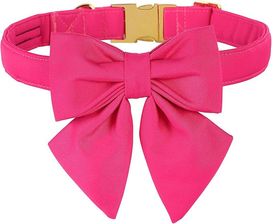 Maca Bates Hot Pink Dog Collar with Cute Rose Red Solid Sailor Bow Tie,Small Girl Boy Dogs,Girly Adjustbale Durable Breakaway Soft Collars with Bowtie for Female Male Puppy,Pet with Metal Buckle