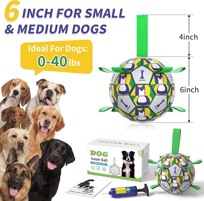 Interactive Dog Ball Toys, 2026 Dog Soccer Ball with Thicken Straps for Small Medium Breeds Tug of War, Small Herding Balls with Pump for Puppy Dogs Outdoor Play Training (Green, 6 Inch)