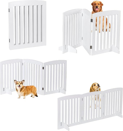 ZENY 24 Inch Pet Dog Gate, Foldable Freestanding Dog Door 3 Panel, White Wooden Z Shape Step Over Pet Fence for Entryway, Stairs, Doorway, White