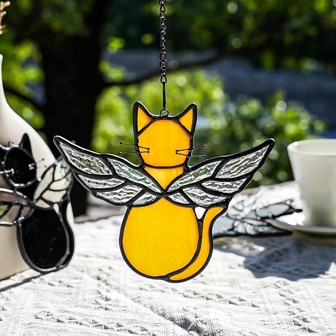 Orange Cat Memorial Gift Stained Glass Suncatcher,Angel Cat Decor Stained Glass Window Hangings,Loss of Cats Sympathy Gifts for Catss Lover,Pet Memorial Gifts for Women