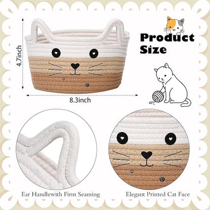 Zopeal Cat Basket Storage Woven Organizer with Ears Easter Decorative Pet Toy Cute Cotton Rope Basket for Gift Cat Dog Toy Bin Nursery Room(8.3 x 4.7 Inch,White Khaki Brown)