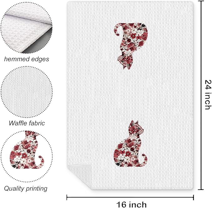 Rose Floral Cat Kitchen Towel, Floral Cat Hand Towel for Bathroom Decor, Kitten Dish Tea Towel for Kitchen Decor, Pet Gifts for Kitten Lovers Women Girls, 16x24 Inch