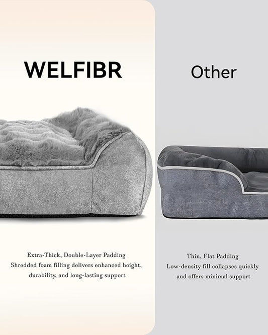 48“ Dog Bed with Shredded Foam Filling, Calming Pet Sofa with Removable Washable Cover, Soft Faux Fur Bolster Couch for Dogs, Anti-Slip Bottom
