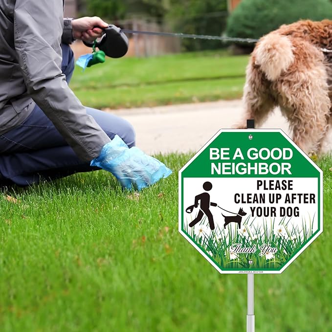 Clean Up After Your Dog Sign with Stake, 2 Pack 10"W x 28"H Aluminum Be A Good Neighbor, Pick Up After Your Dog Sign for Yard, No Poop Lawn Sign, UV Protected & Waterproof, Easy to Install