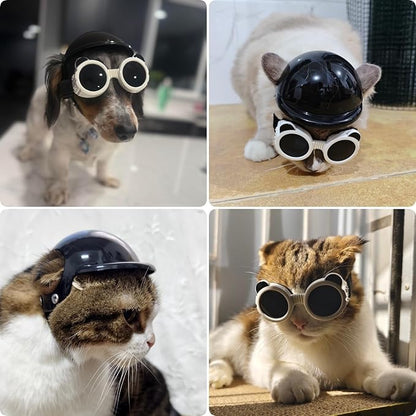PETLESO Extra Small Dog Goggles and XSmall Dog Helmet, 2Pcs Anti-UV Doggy Sunglasses Cat Motorcycle Protecetive Helmet Set, Chihuahua Safety Hard Hat Outdoor Head & Eyes Protection, White XS