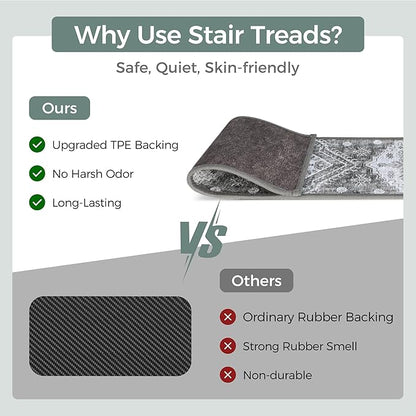 Non Slip Stair Treads for Wooden Steps 15PCS - 8"x30" Indoor Safety Carpet, Edging Mats with TPE Adhesive Backing, Pet and Elderly Friendly Stair Rugs (Charcoal)