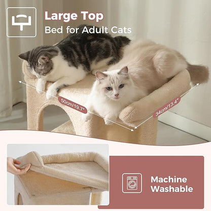 Small Cat Tree Tower for Adult Cats with Large Top Bed 20x13.8”Private Cat Condo,Sisal Scratching Post and Ramp and Self Groomer and Spring Ball-Beige