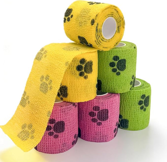 6 Rolls Vet Wrap Cohesive Bandage, Self Adhesive Non-Woven Pet First Aid Tape for Dogs, Cats, Horses, Wound Care, Sticks Only to Itself, Safe & Comfortable, 2 Inch x 5 Yards