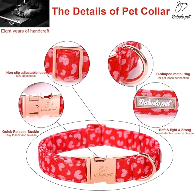 Valentines Dog Collar, Red Pink Heart Valentine Pet Collar with Metal Buckel, Durable Adjustable Holiday Dog Collars for Small Medium Large Dogs XS