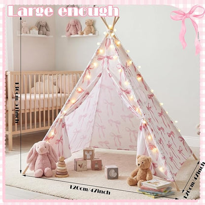 Pink Bow Teepee Tent Indoor Play Tent Coquette Playhouse Foldable Teepee for Indoor Reading Nook Room Decor