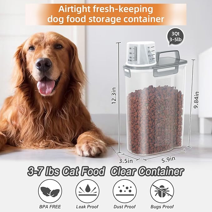 3-5Lbs Airtight Small Cat Dog Pet Food Storage Containers BPA Free, with Large Pour Spout/1 Measuring Cup/ 4 Safety Locks and Double-layer Silicone Strip (Clear Grey 3Pack)