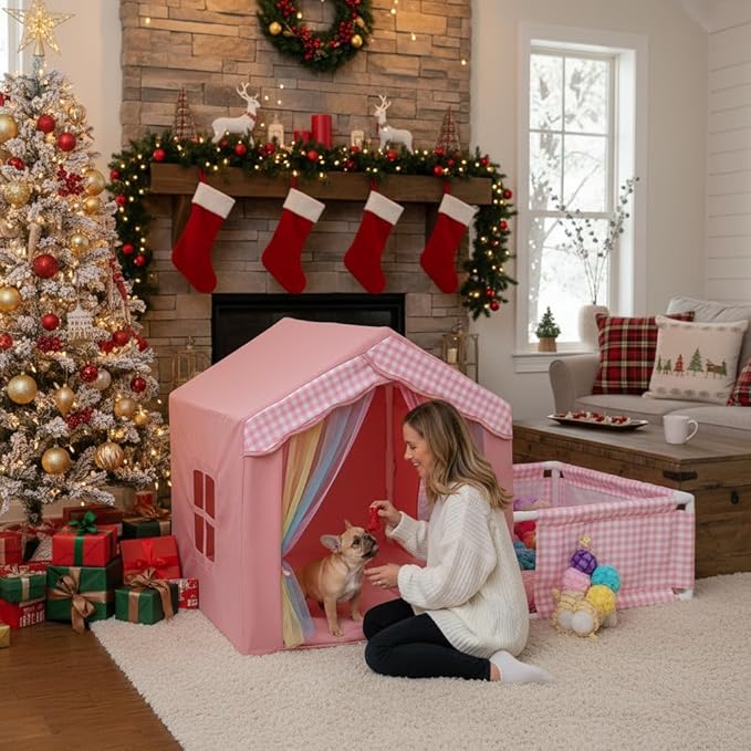 Cute Pink Princess 26 * 26 * 26.8" Dog House Bed for Pets Dogs Cats with Playpen, Cozy Confortable Puppy Cat Rabbit Kennel Bed Playhouse Tent w/Washable Cushion, Holds Up to 50lbs Pets