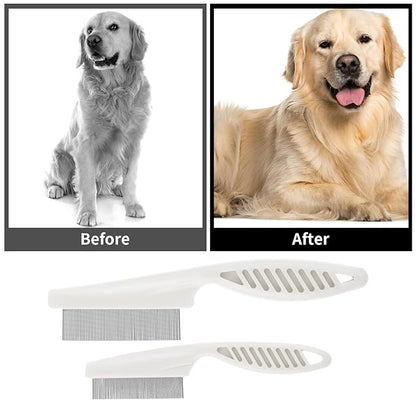TIESOME 2PCS Stainless Steel Flea Comb for Dogs Cats, Tear Stain Remover Promotes Hair Growth Removes Loose Hair Fleas Dual-Size Grooming Brush for All Breeds(White)